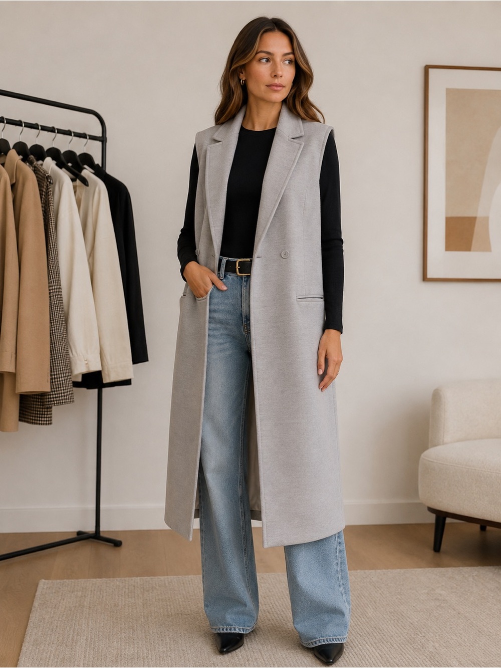 The Fifth Label Long Sleeveless Coat Vest in Light Gray